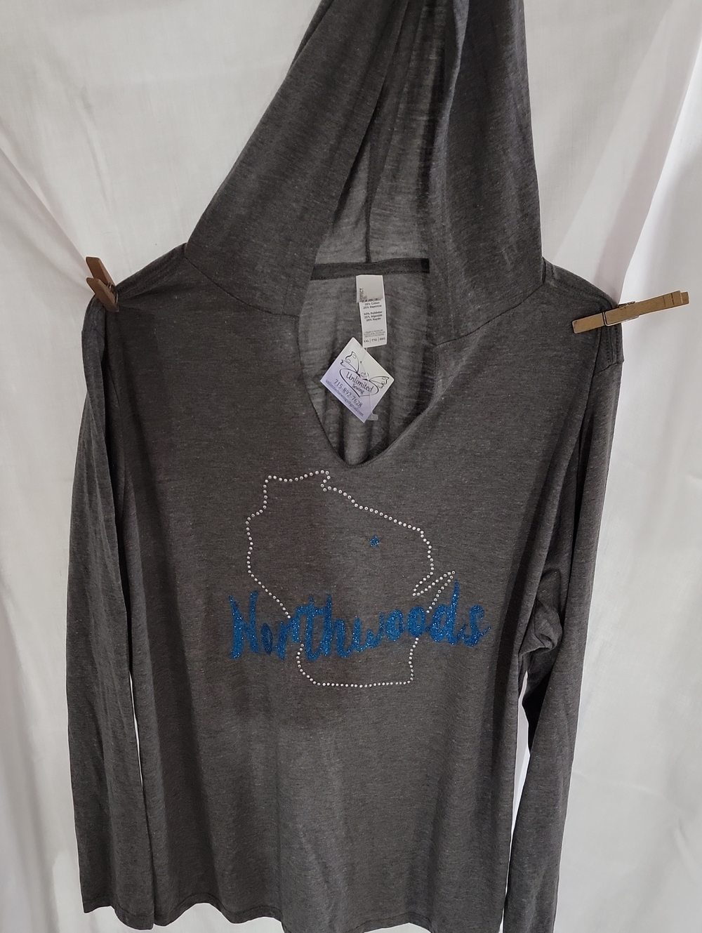 Gray Hooded Long Sleeve Top with Blue 'Northwoods' Rhinestone Design NWT WI